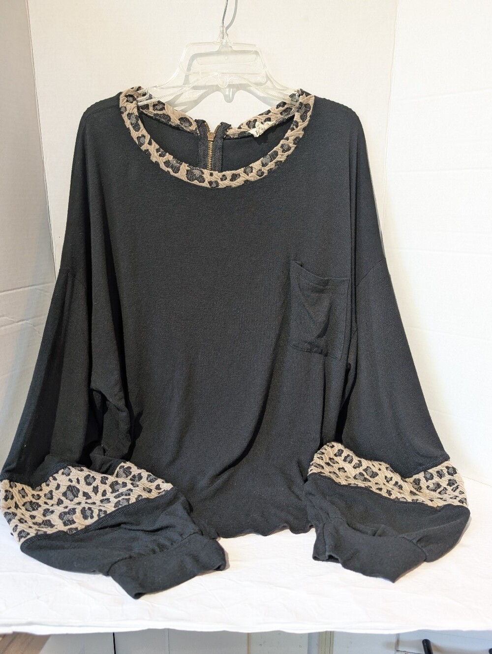 POL Black Pullover Shirt with Leopard Trim, Med